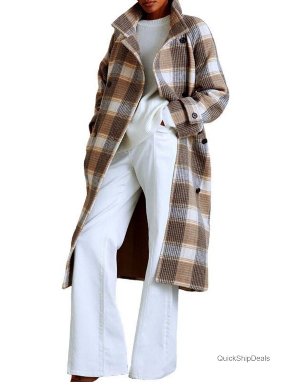 Wool Blend Plaid Trench Coat with Belt - Women's Winter Long Sleeve Overcoat